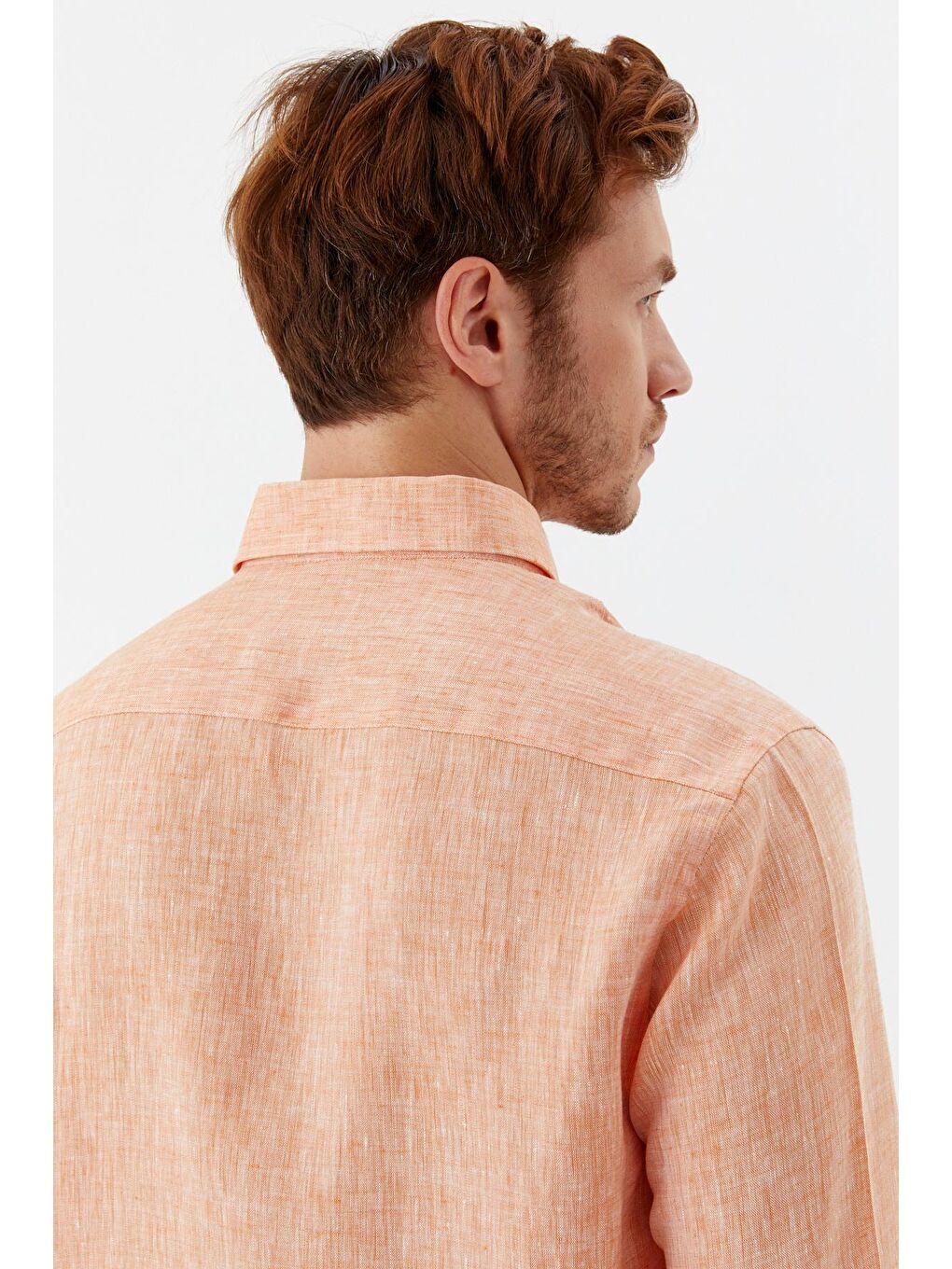 Erkek Turuncu Uzun Kollu %100 Keten Regular Fit Düğmeli Yaka Gömlek-5
