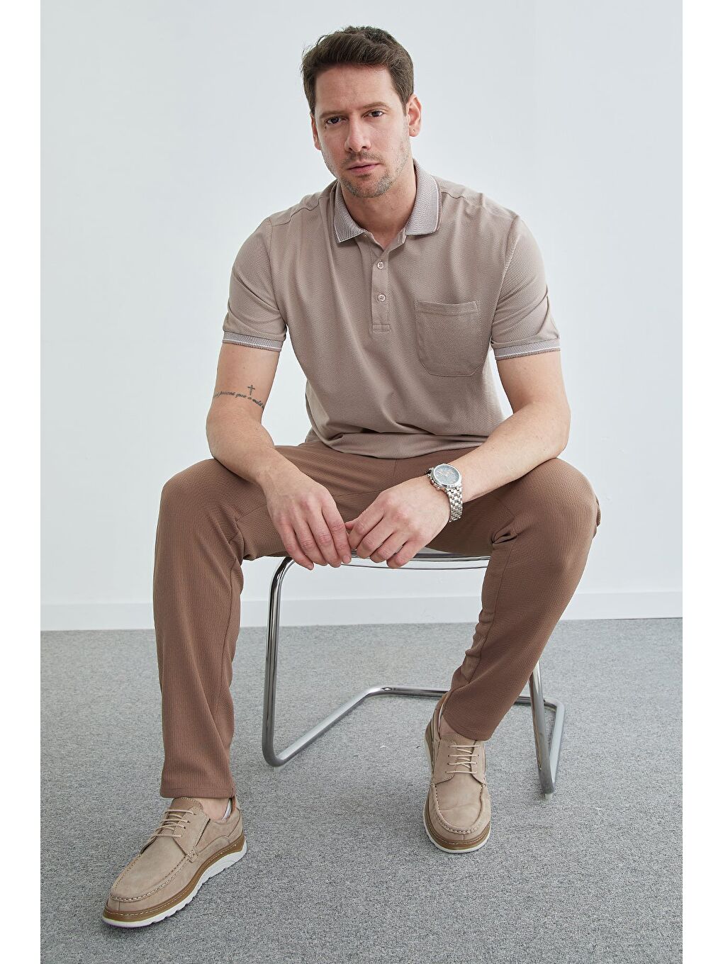 Bej Düğmeli Tek Cepli Polo Yaka Tişört-4