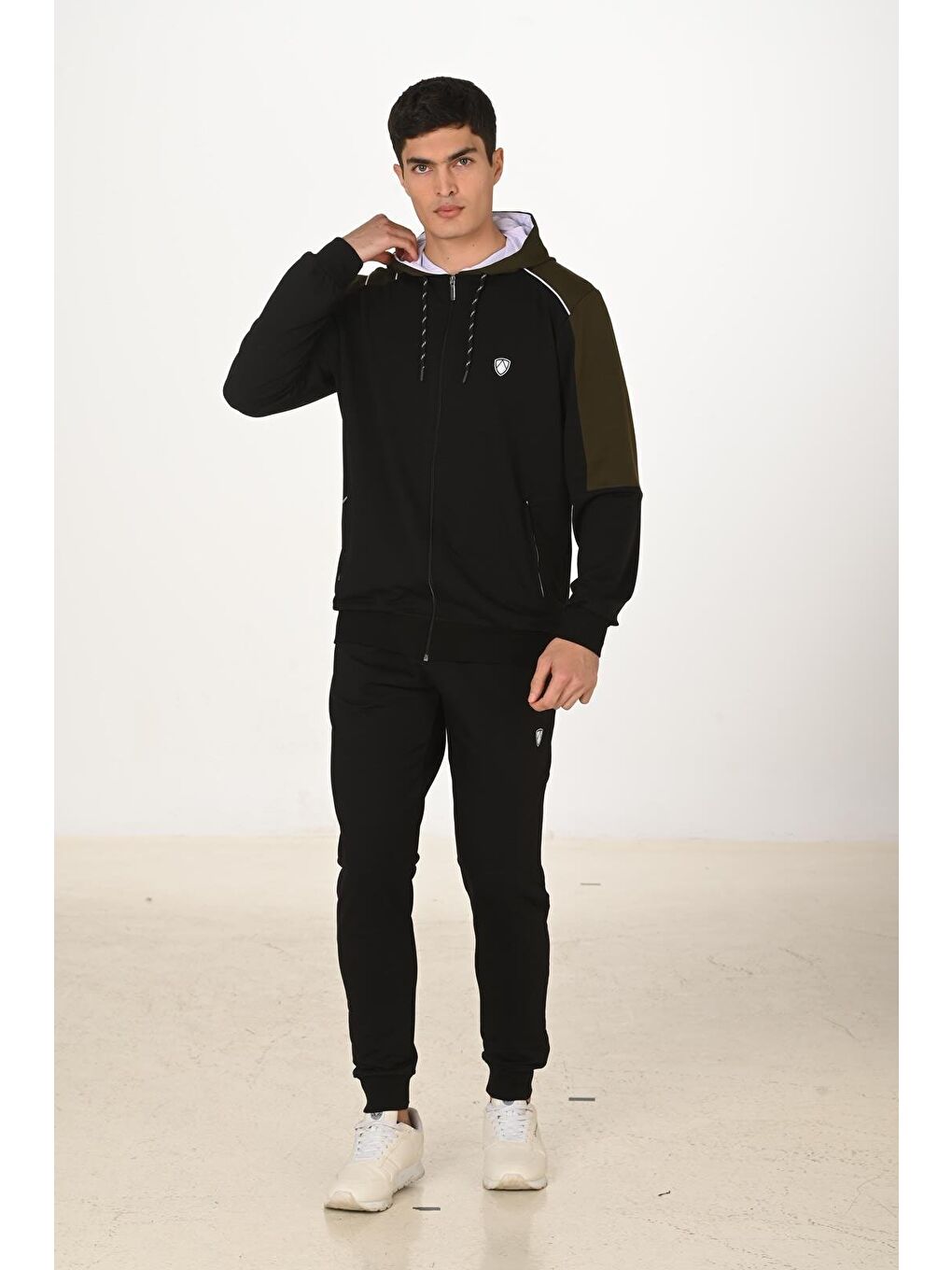 Erkek Pamuklu Tam Fermuarlı Kapüşonlu Eşofman Takımı Siyah 5282-S-1