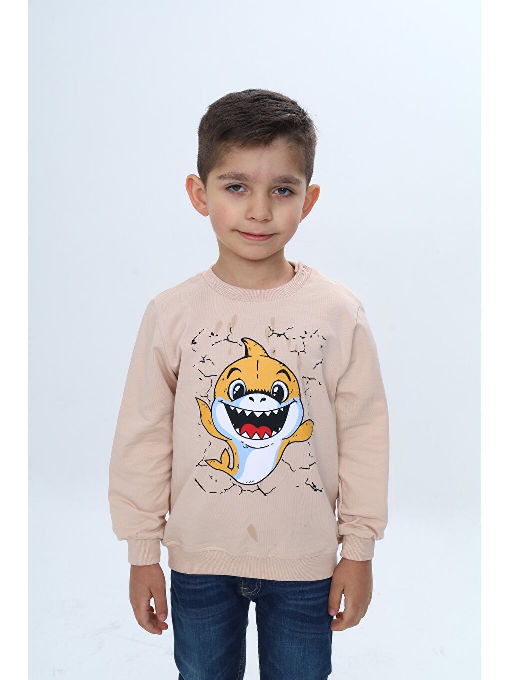 Bej Erkek Çocuk Çıtçıtlı Köpek Balığı Baskılı Sweatshirt
