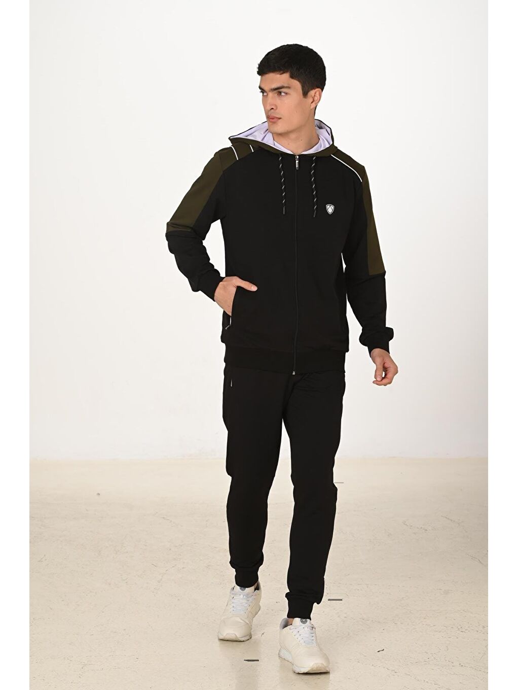 Erkek Pamuklu Tam Fermuarlı Kapüşonlu Eşofman Takımı Siyah 5282-S-4
