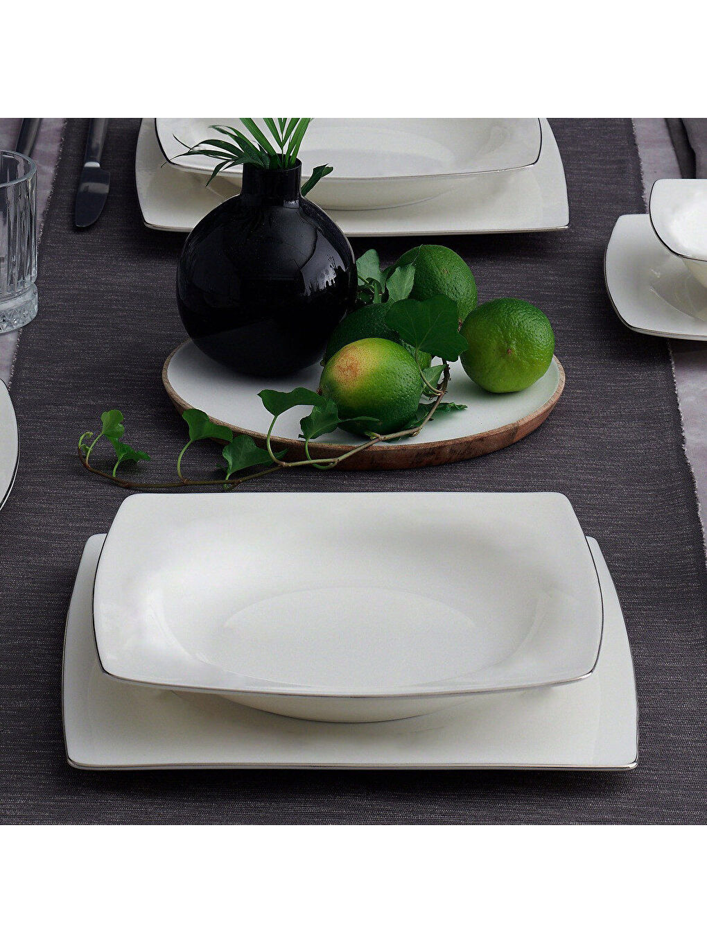 Ekru Caroline 85 Parça 12 Kişilik Kare Yemek Takımı Gümüş Yaldız 220-1