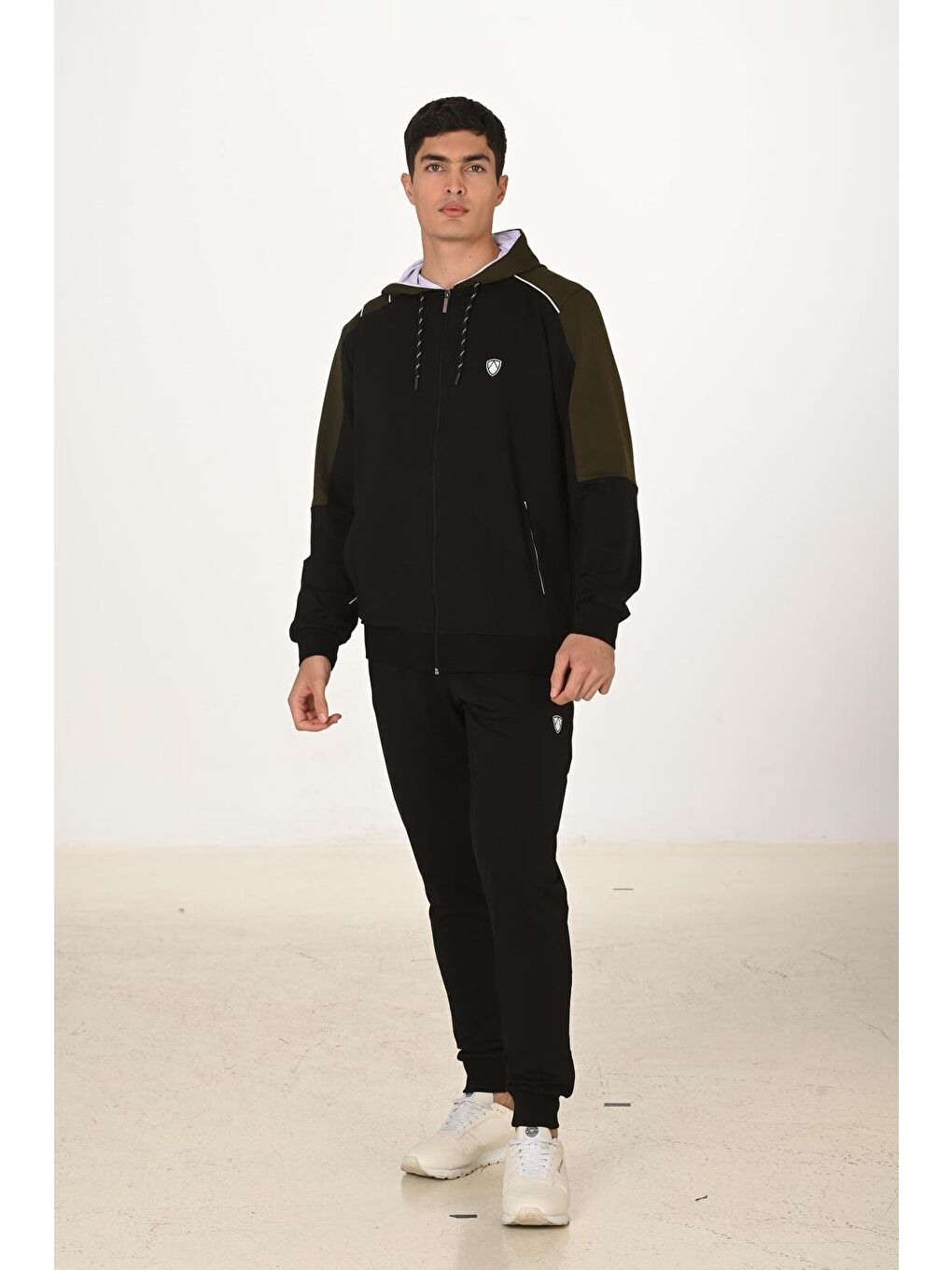 Erkek Pamuklu Tam Fermuarlı Kapüşonlu Eşofman Takımı Siyah 5282-S-5
