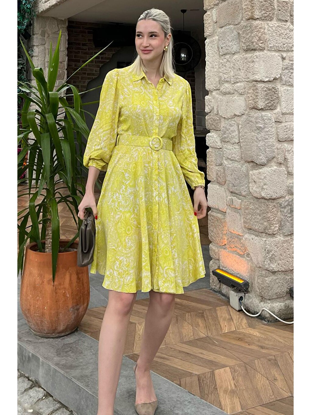 Sarı Çiçek Desenli Gömlek Yaka Mini Elbise Mg1823-1