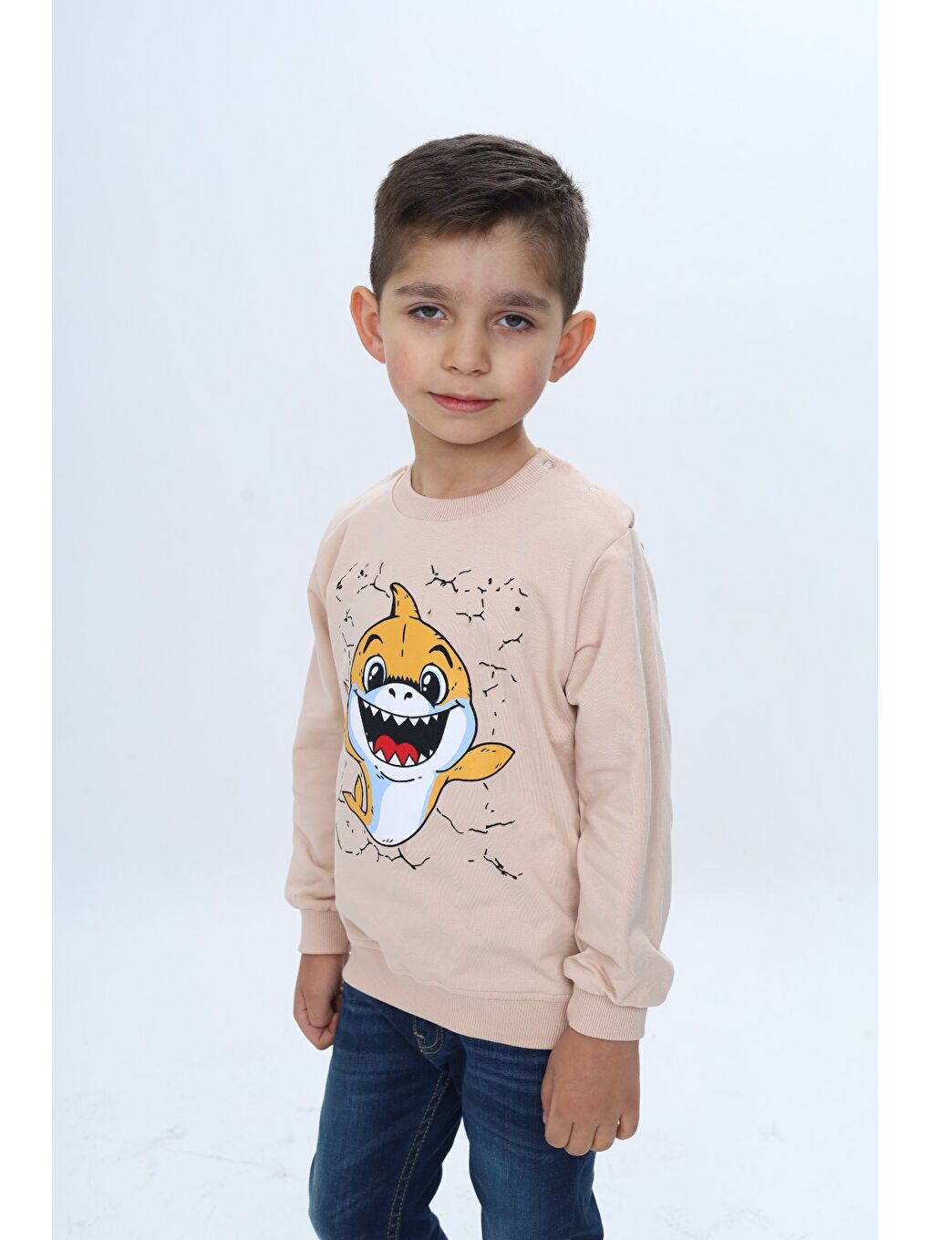 Bej Erkek Çocuk Çıtçıtlı Köpek Balığı Baskılı Sweatshirt-1