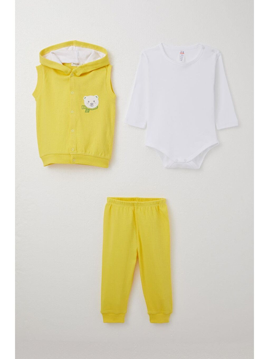 Erkek Bebek Zıbınlı 3 Lü Takım Sevimli Ayıcık Nakışlı Kapüşonlu Sarı (4 Ay-1 Yaş)-2