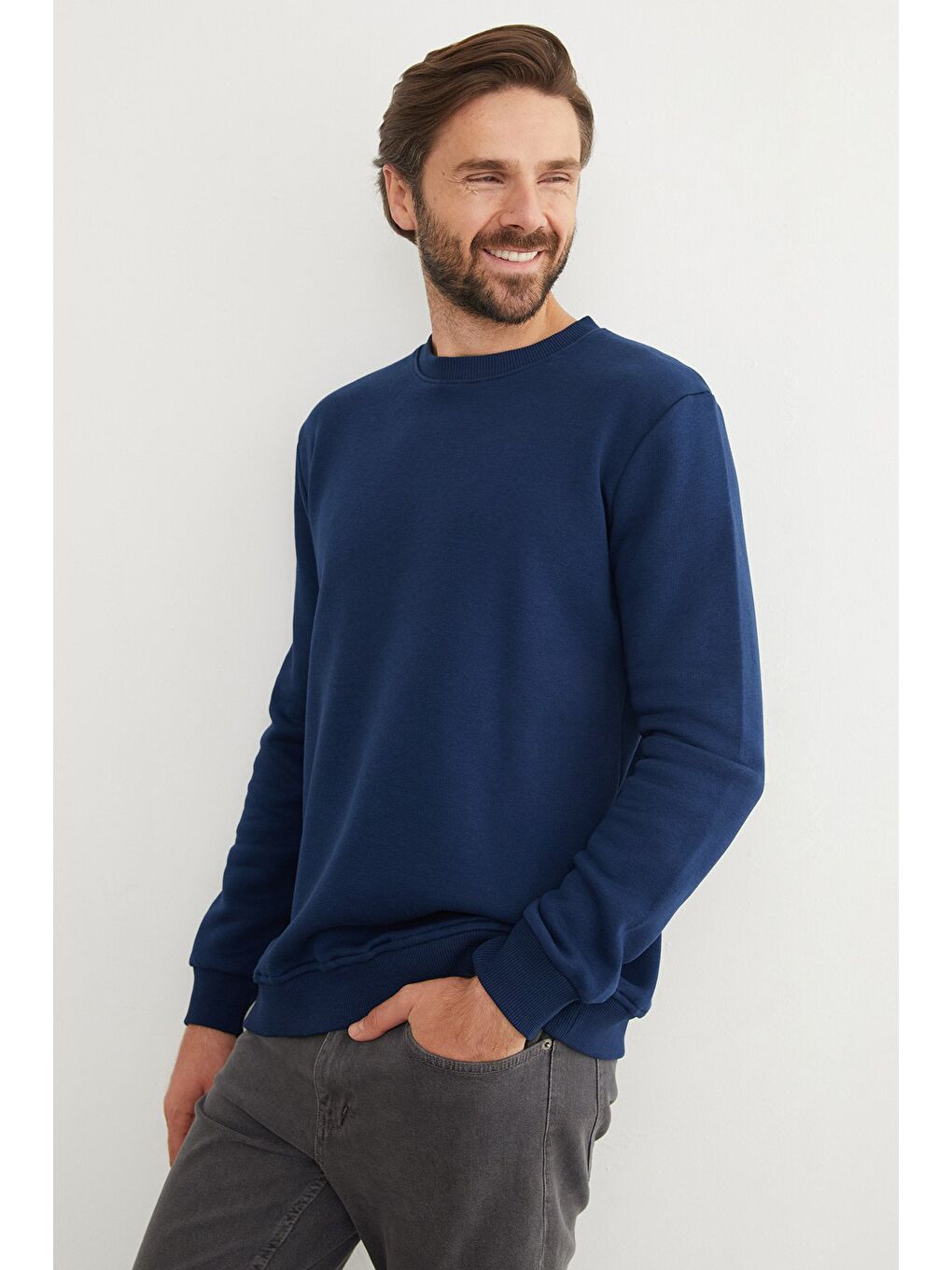 Lacivert 3 İplik Basic Bisiklet Yaka Sweatshirt
