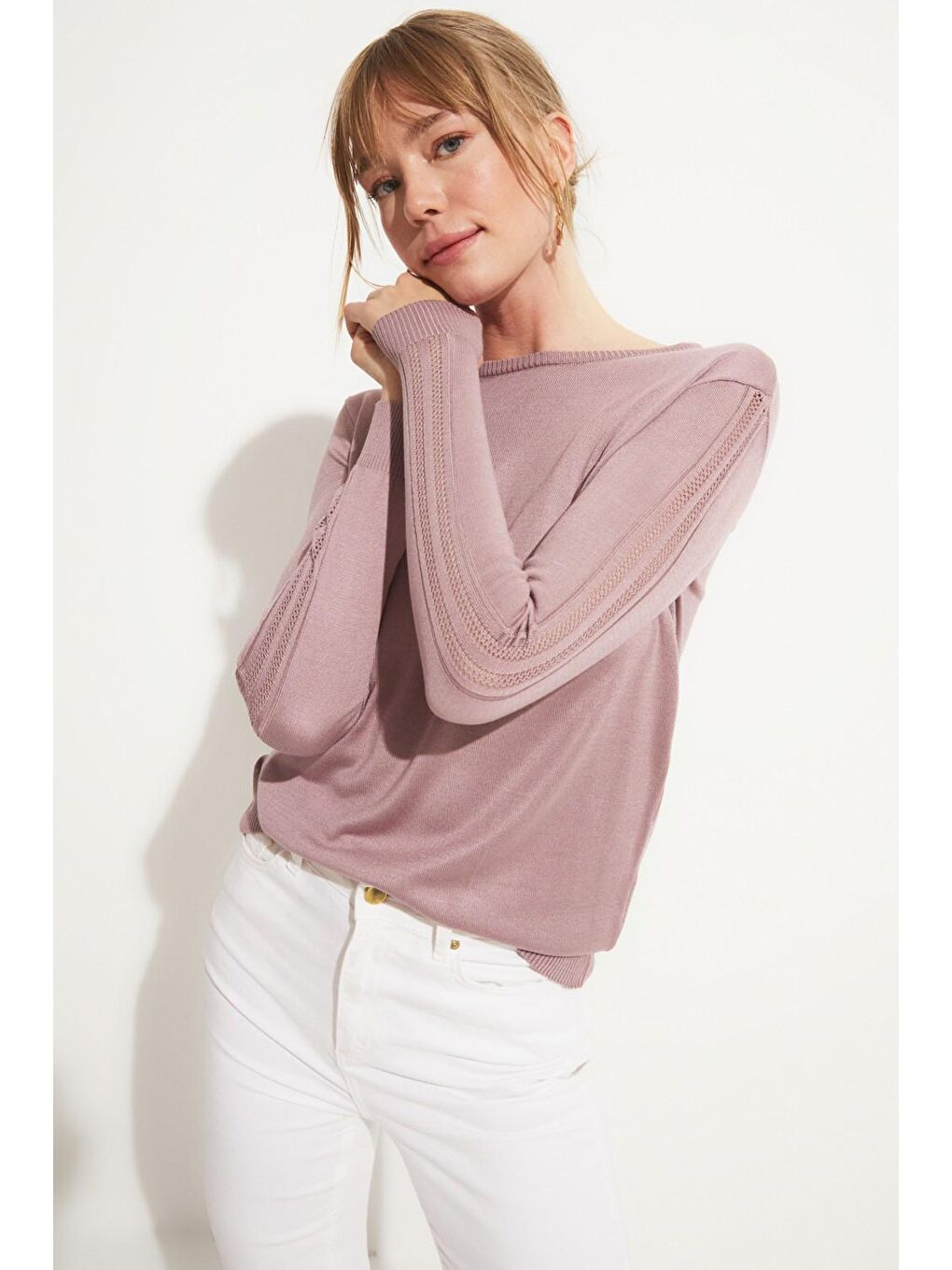 Lila Kadın Exclusive Viskoz Karışımlı Normal Kalıp Bisiklet Yaka Ajur Detaylı Triko Kazak