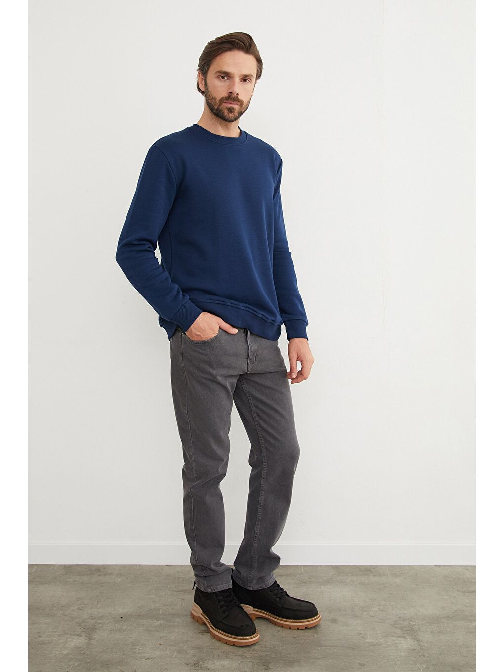 Lacivert 3 İplik Basic Bisiklet Yaka Sweatshirt-2