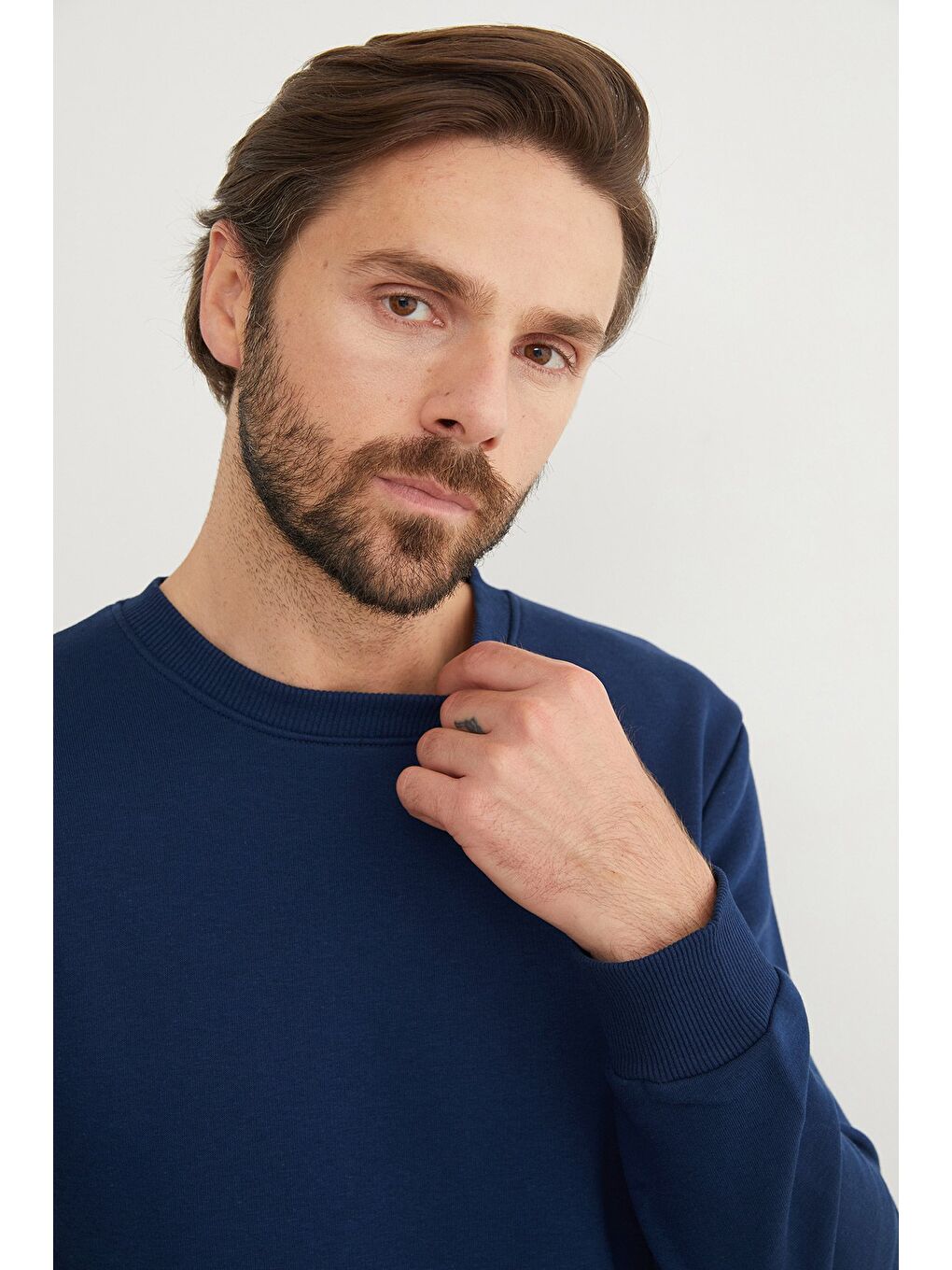 Lacivert 3 İplik Basic Bisiklet Yaka Sweatshirt-3