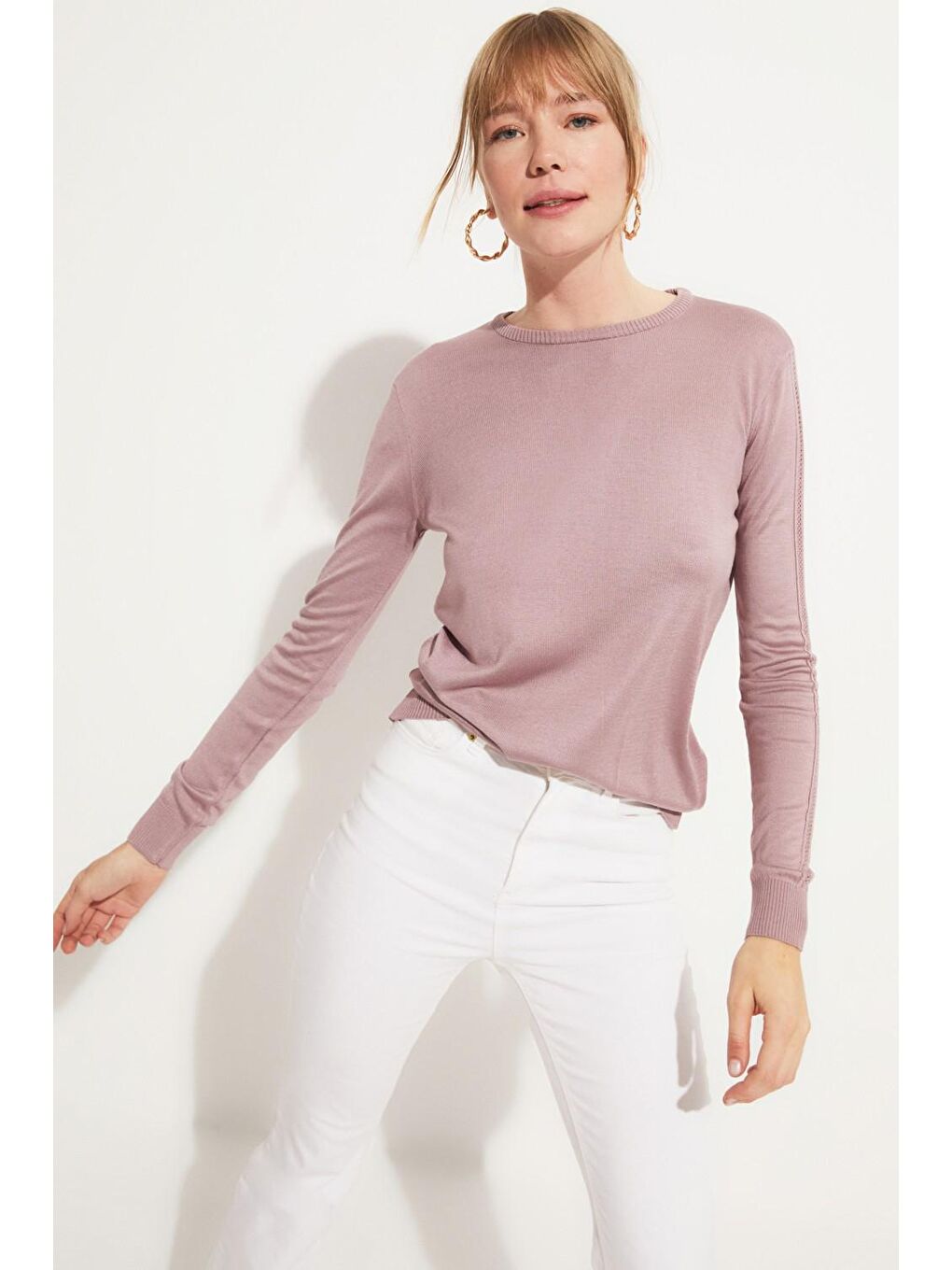 Lila Kadın Exclusive Viskoz Karışımlı Normal Kalıp Bisiklet Yaka Ajur Detaylı Triko Kazak-1