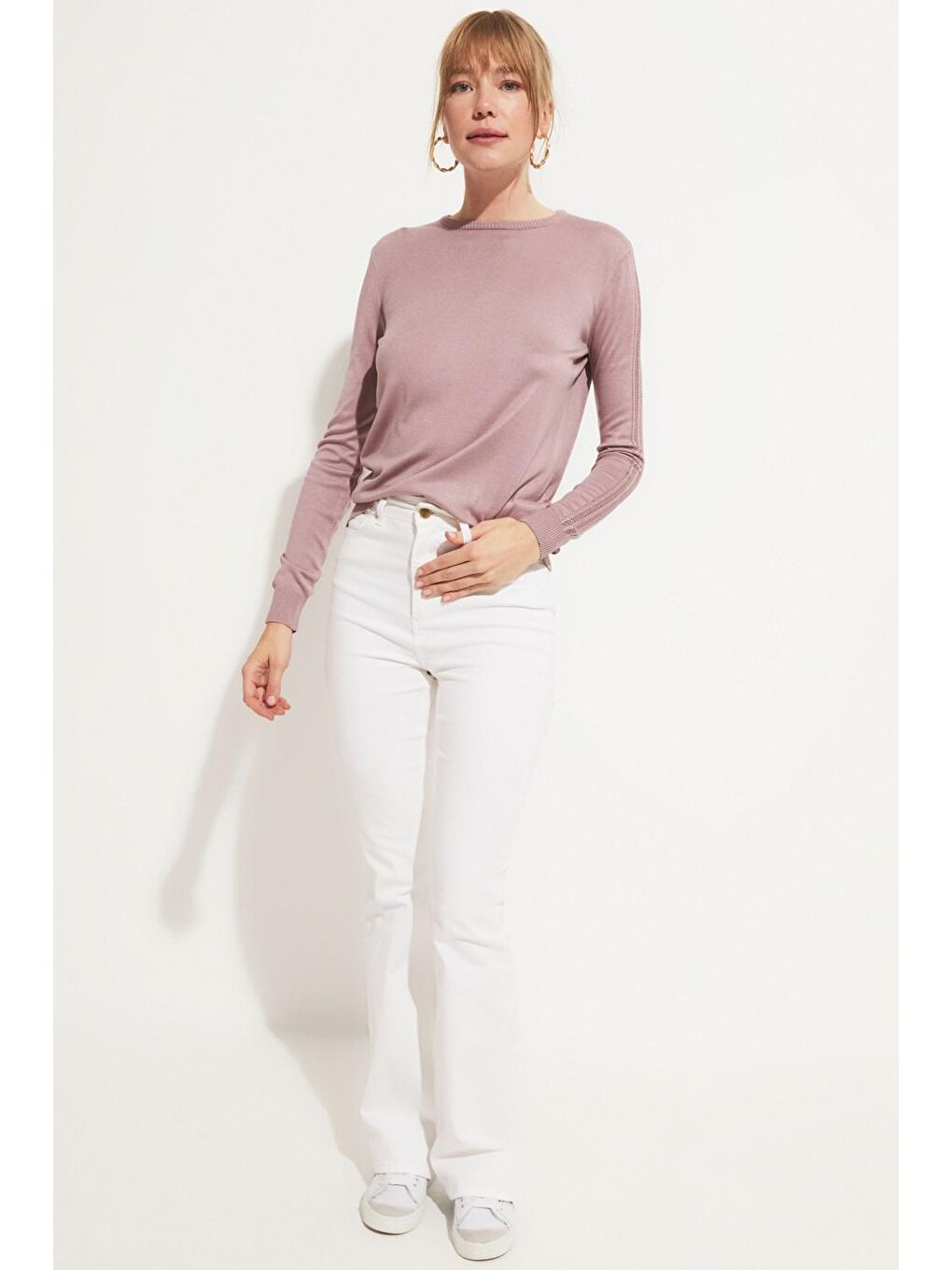 Lila Kadın Exclusive Viskoz Karışımlı Normal Kalıp Bisiklet Yaka Ajur Detaylı Triko Kazak-2