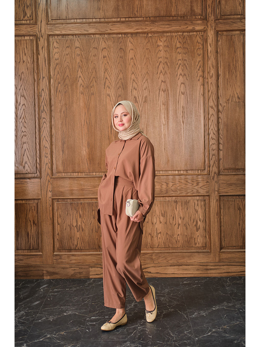 Kahverengi Kadın Gömlekli Takım Taba-1