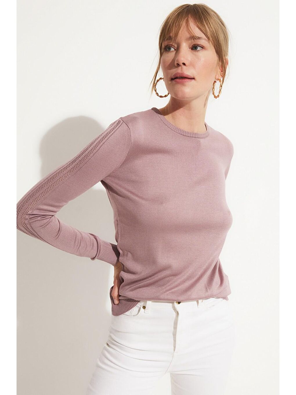 Lila Kadın Exclusive Viskoz Karışımlı Normal Kalıp Bisiklet Yaka Ajur Detaylı Triko Kazak-3