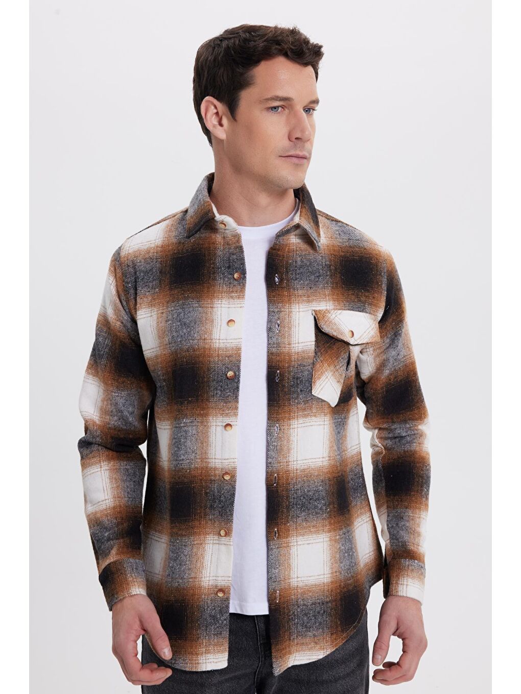Karışık Erkek Slim Fit Dar Kesim Kareli Tek Cepli Oduncu Gömlek-4
