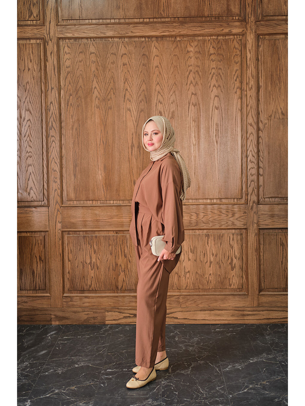 Kahverengi Kadın Gömlekli Takım Taba-2