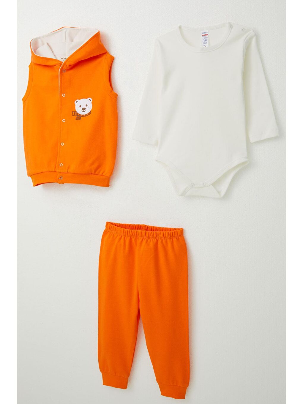 Erkek Bebek Zıbınlı 3 Lü Takım Sevimli Ayıcık Nakışlı Kapüşonlu Neon Turuncu (4 Ay)-4