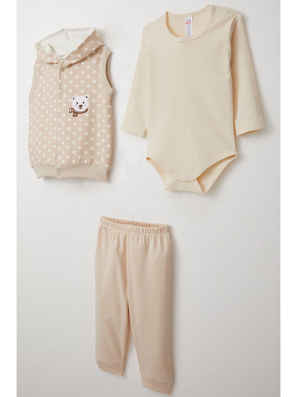 Erkek Bebek Zıbınlı 3 Lü Takım Sevimli Ayıcık Nakışlı Kapüşonlu Bej (4-6 Ay)-2