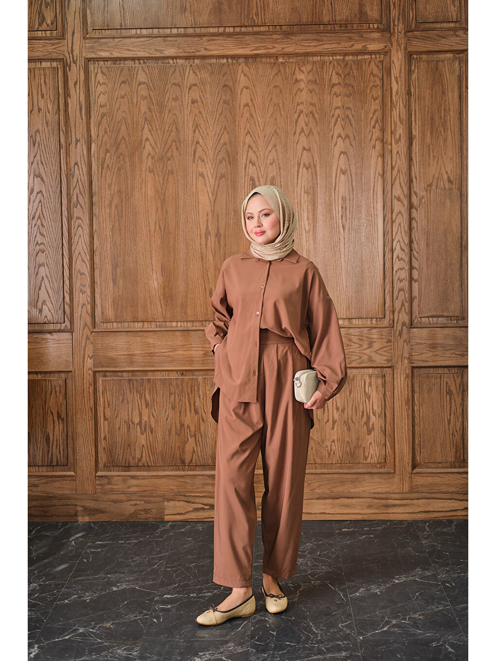 Kahverengi Kadın Gömlekli Takım Taba-3