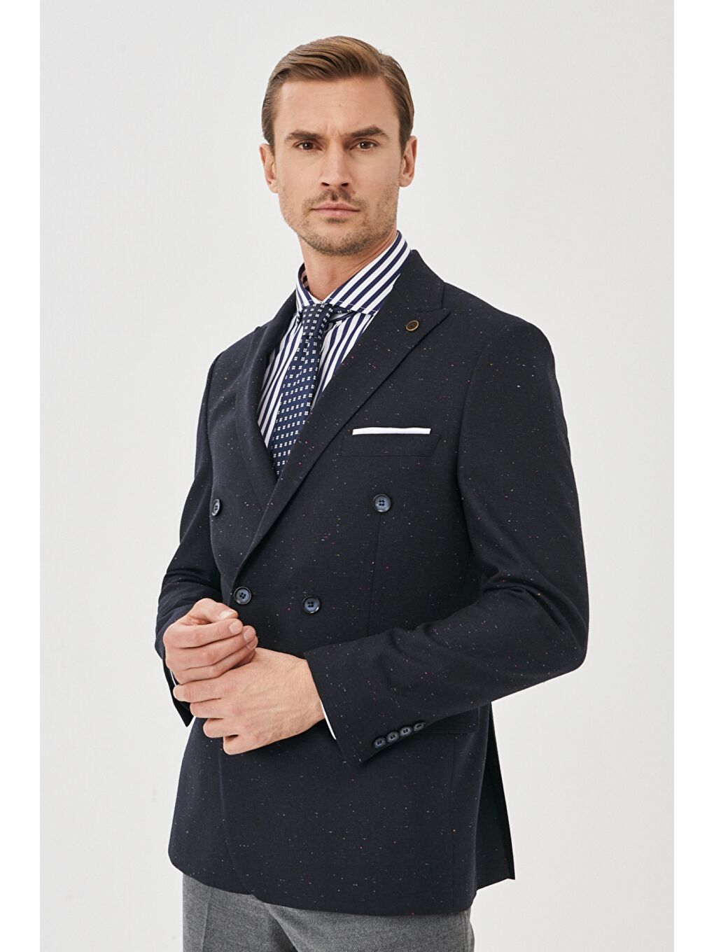 Erkek Lacivert Slim Fit Dar Kesim Kırlangıç Yaka Desenli Casual Ceket