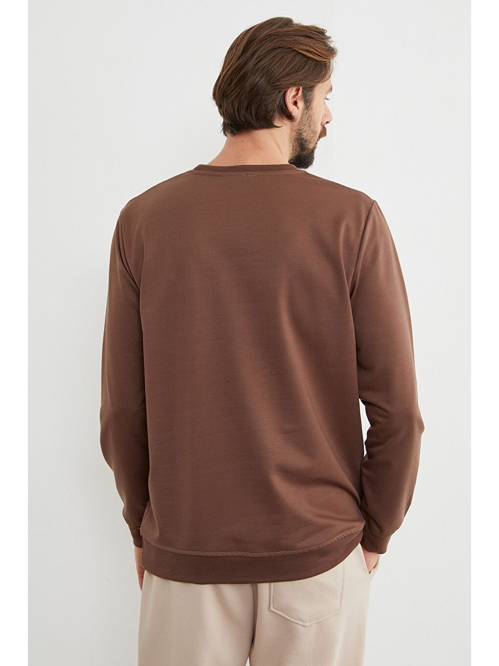 Kahverengi Basic Bisiklet Yaka Sweatshirt-3