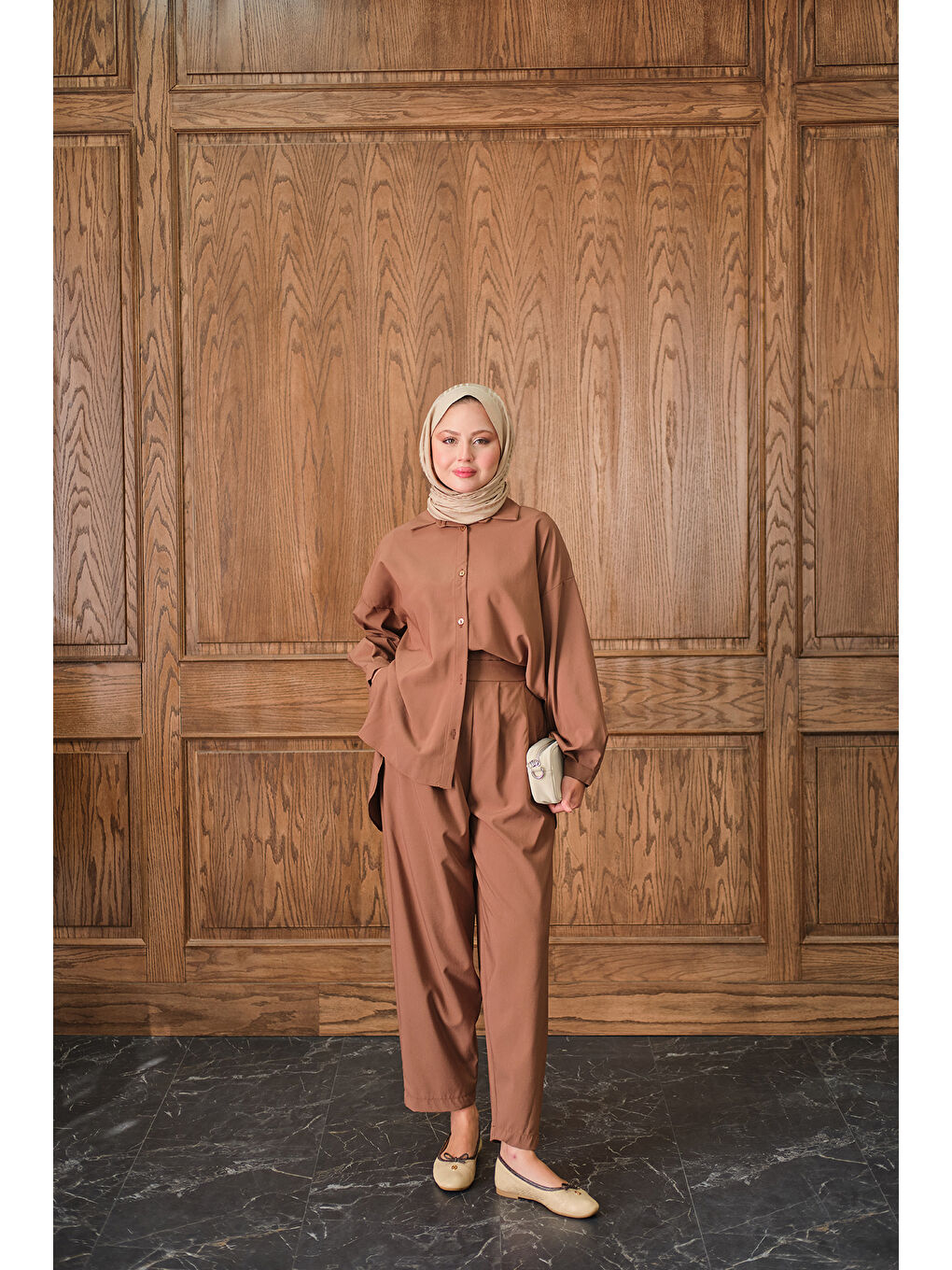 Kahverengi Kadın Gömlekli Takım Taba-4