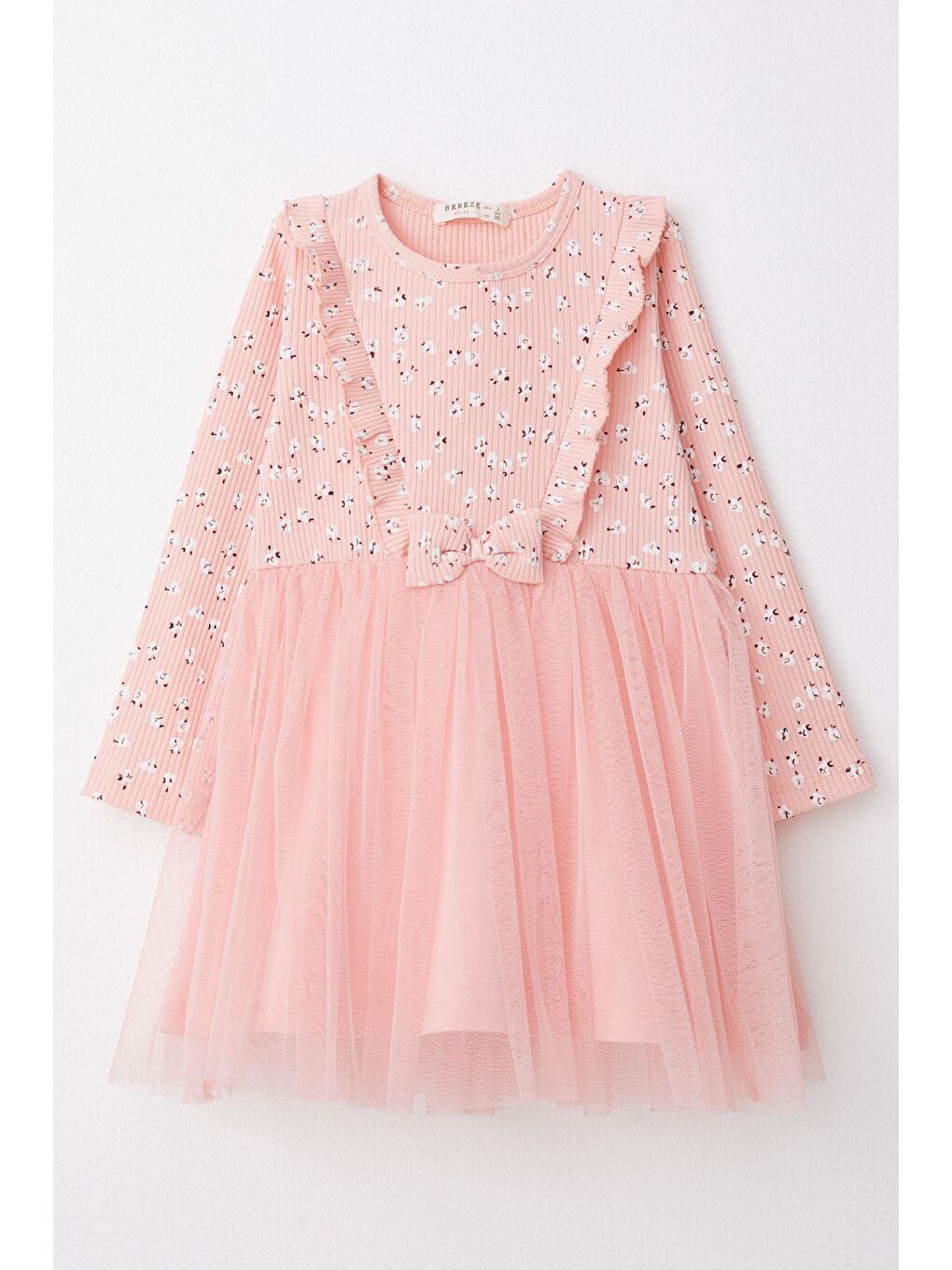 Pembe Kız Çocuk Uzun Kollu Elbise Çiçekli Fiyonklu Somon (2-4 Yaş)
