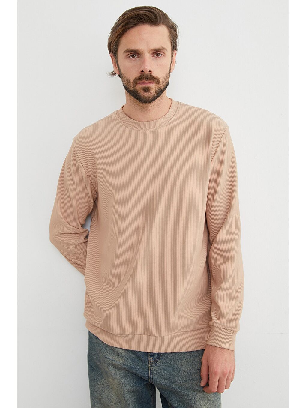 Bej Basic Fitilli Bisiklet Yaka Büyük Beden Sweatshirt