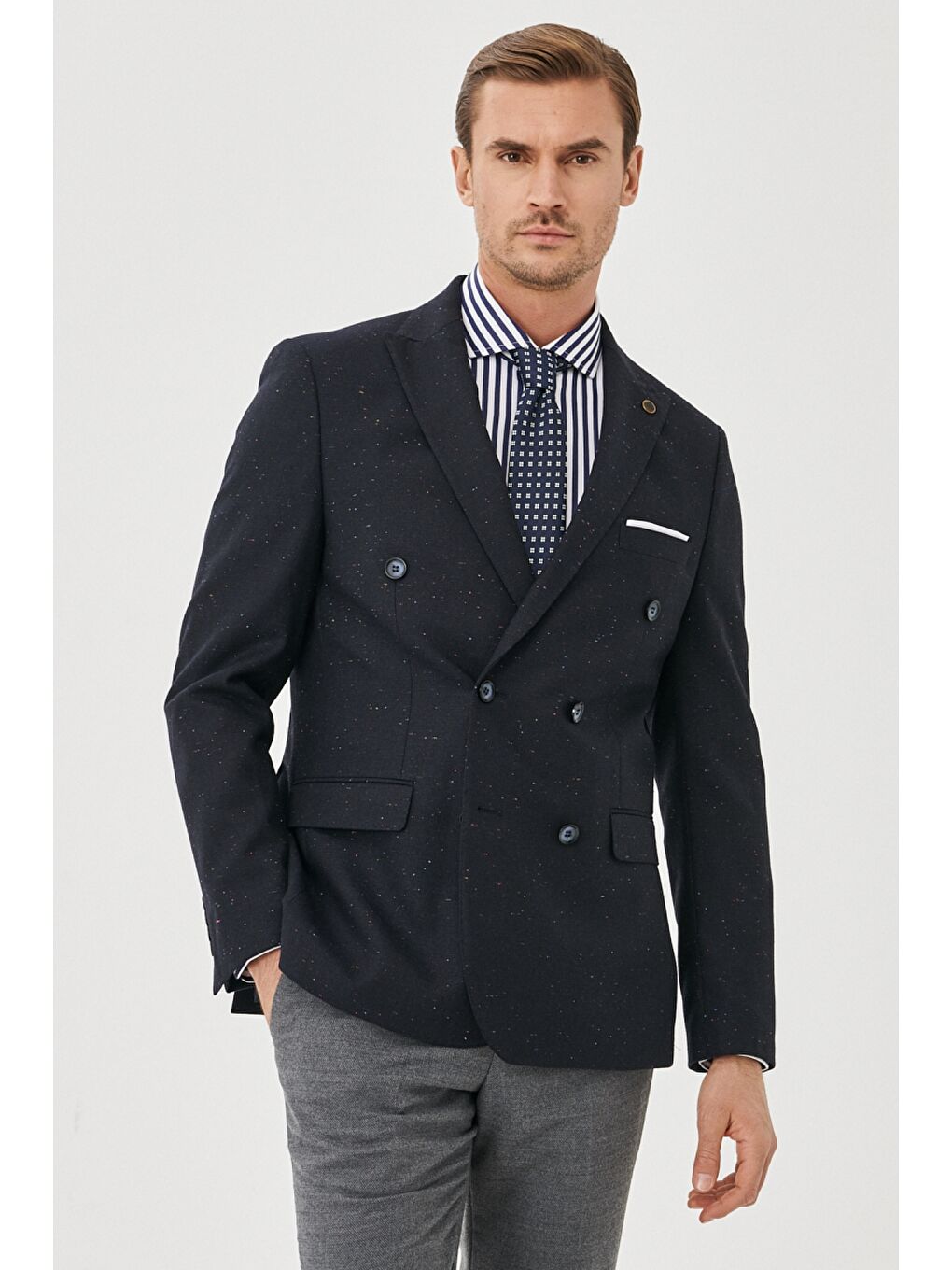 Erkek Lacivert Slim Fit Dar Kesim Kırlangıç Yaka Desenli Casual Ceket-6