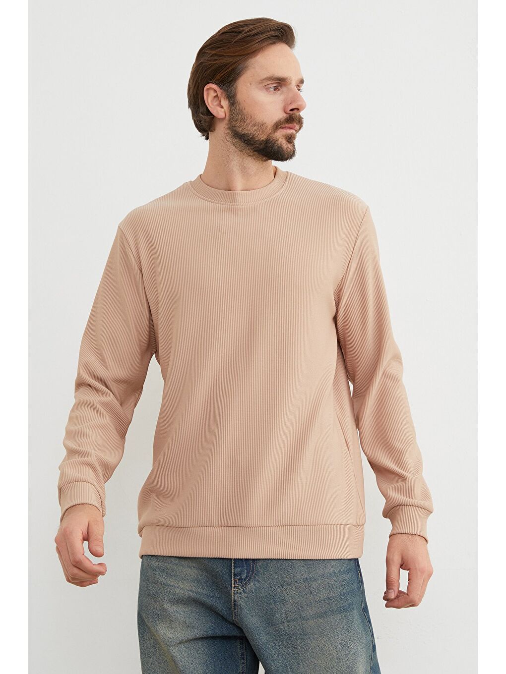 Bej Basic Fitilli Bisiklet Yaka Büyük Beden Sweatshirt-1