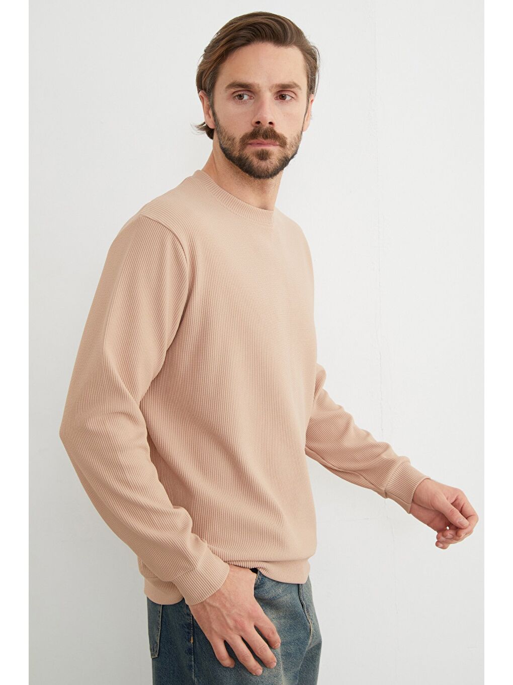 Bej Basic Fitilli Bisiklet Yaka Büyük Beden Sweatshirt-3