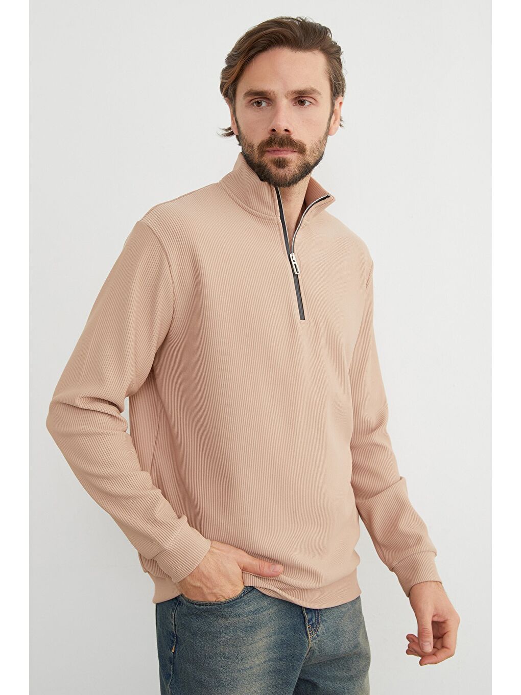 Bej Fitilli Yarım Fermuarlı Büyük Beden Sweatshirt