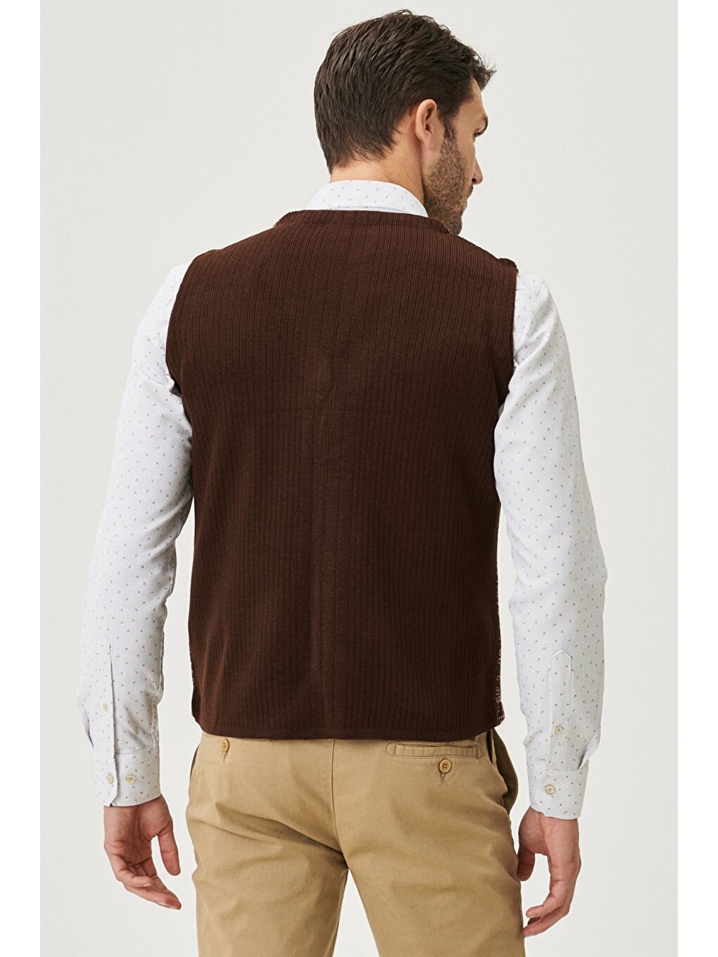 Kahverengi Erkek Kahve-Bej Standart Fit %100 Pamuk Desensiz V Yaka Triko Yelek-4