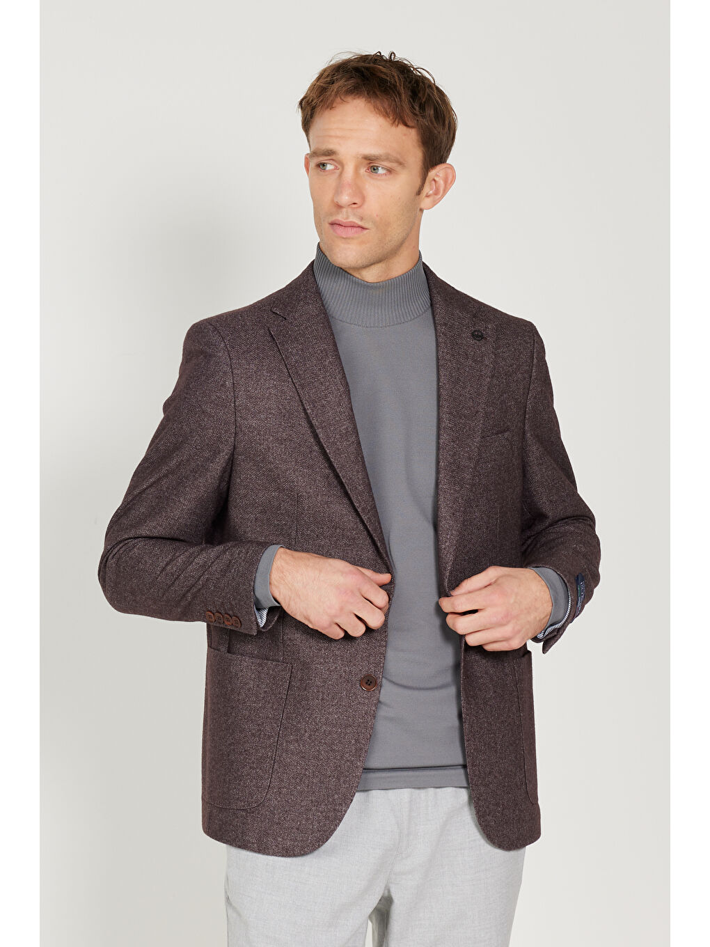 Erkek Bordo Slim Fit Dar Kesim Mono Yaka Yünlü Ceket