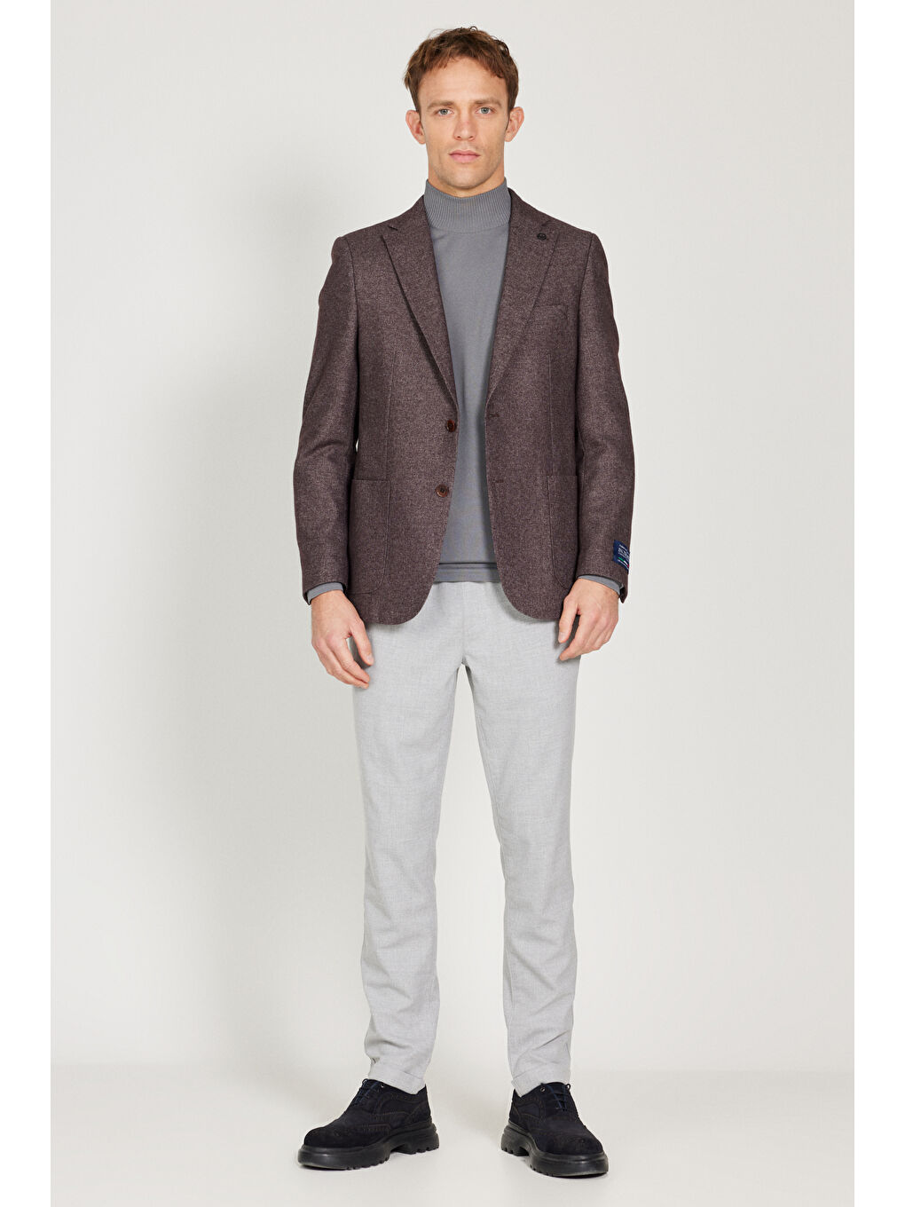 Erkek Bordo Slim Fit Dar Kesim Mono Yaka Yünlü Ceket-1