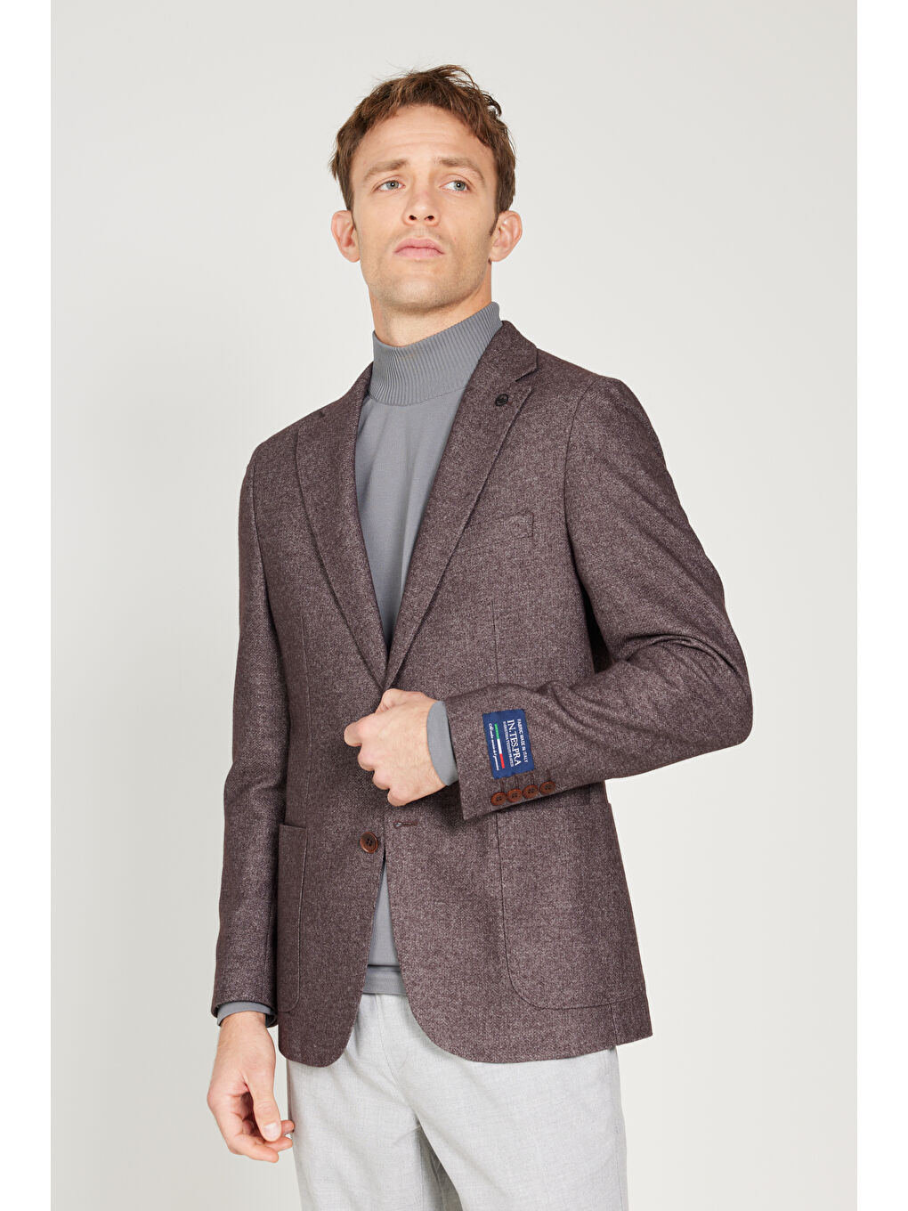 Erkek Bordo Slim Fit Dar Kesim Mono Yaka Yünlü Ceket-2