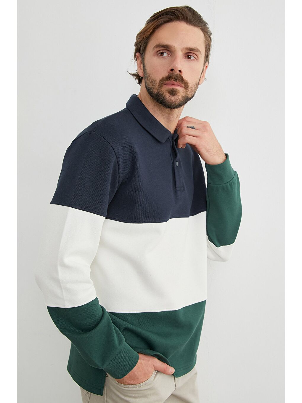 Yeşil Renk Bloklu Polo Yaka Yarım Düğmeli Pike Büyük Beden Sweatshirt