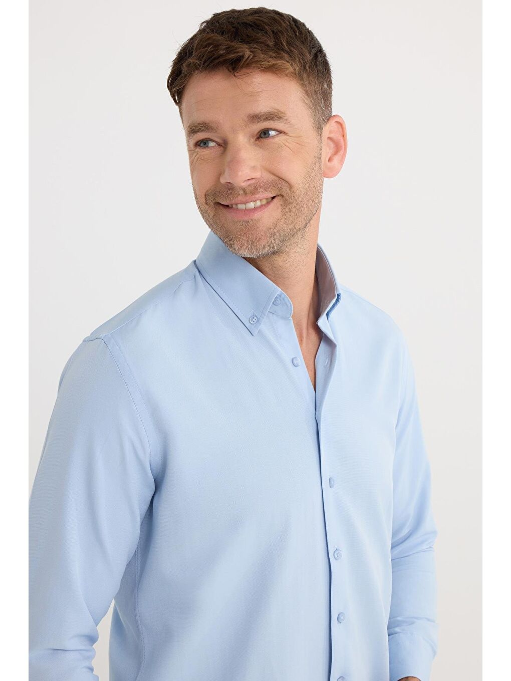 Regular Fit Düğmeli Yaka Pamuklu Kolay Ütü Oxford Düz Erkek Mavi Gömlek-1