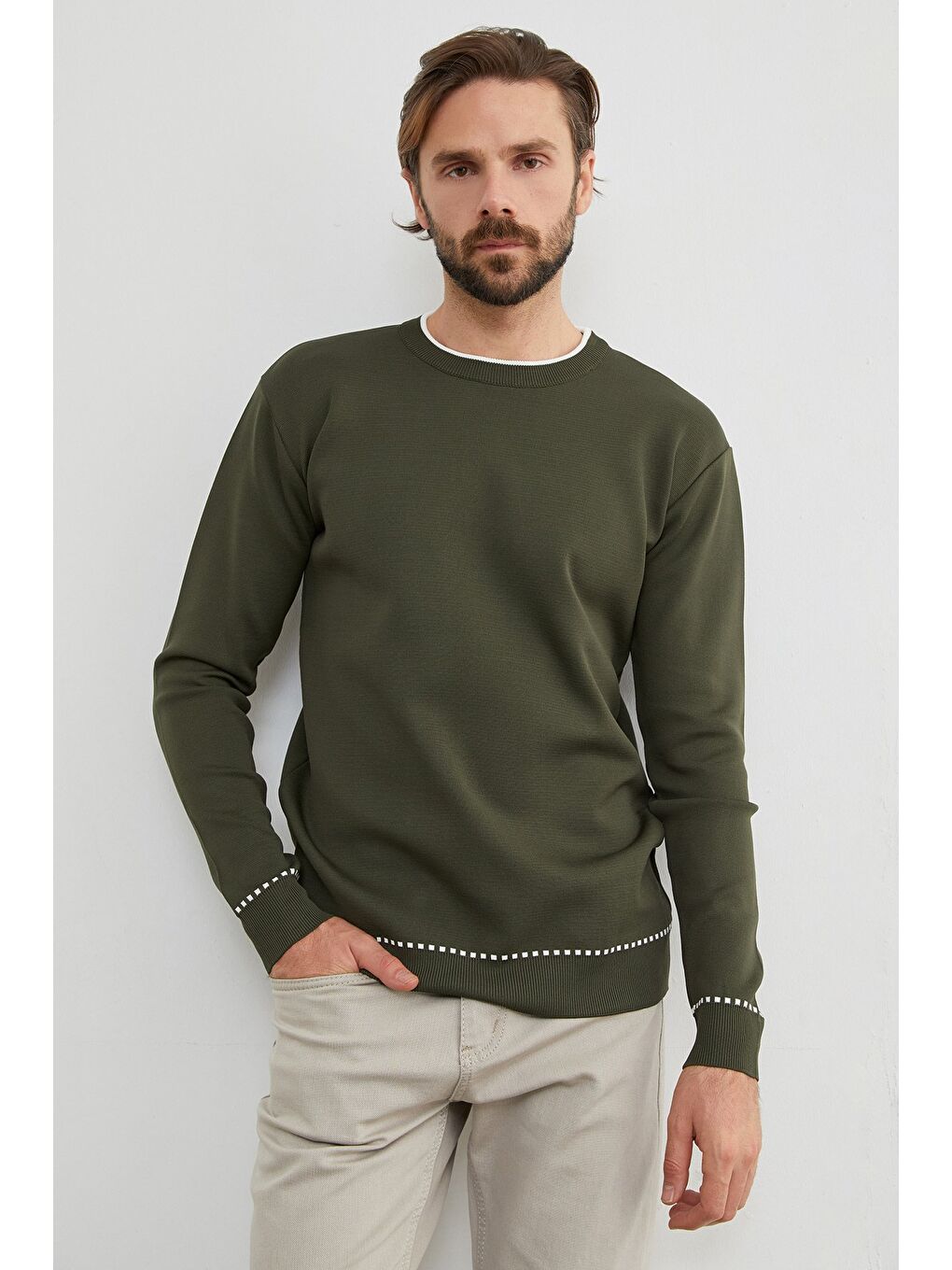 Haki Basic Çizgili Bisiklet Yaka Triko Kazak-1