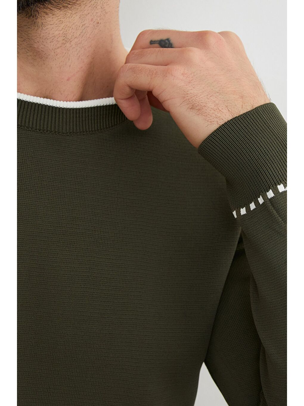 Haki Basic Çizgili Bisiklet Yaka Triko Kazak-2