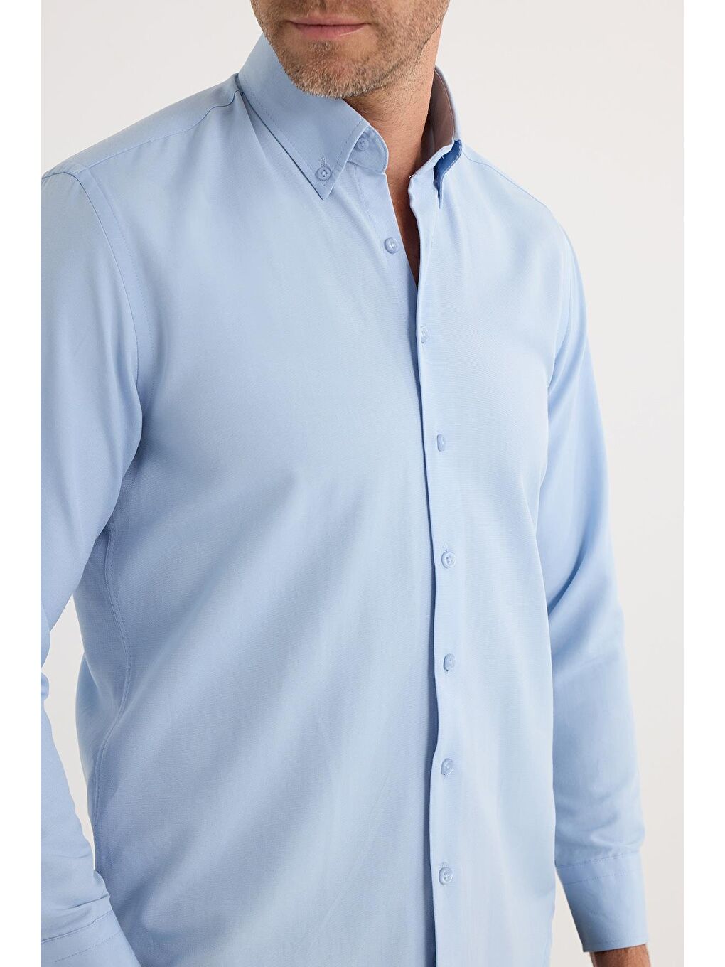 Regular Fit Düğmeli Yaka Pamuklu Kolay Ütü Oxford Düz Erkek Mavi Gömlek-2