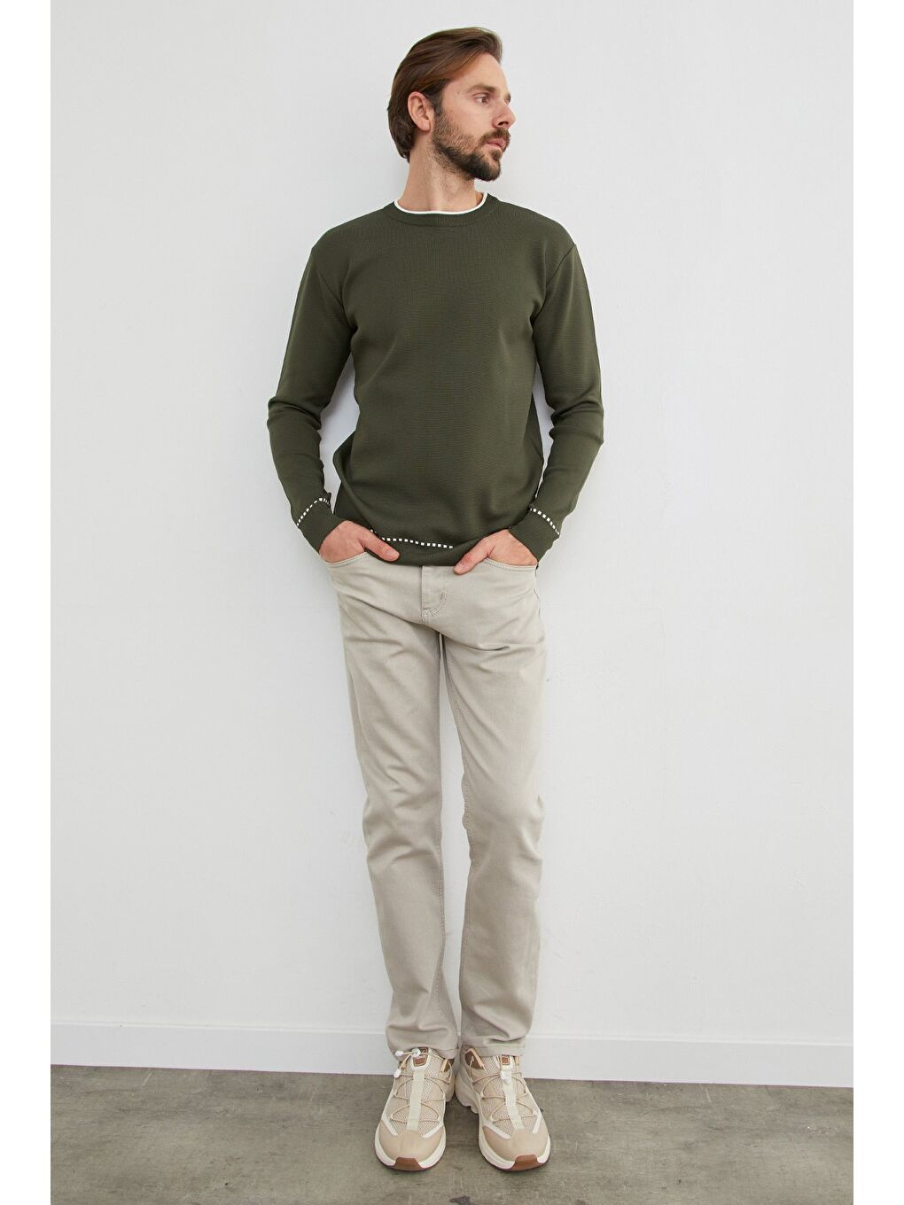 Haki Basic Çizgili Bisiklet Yaka Triko Kazak-3