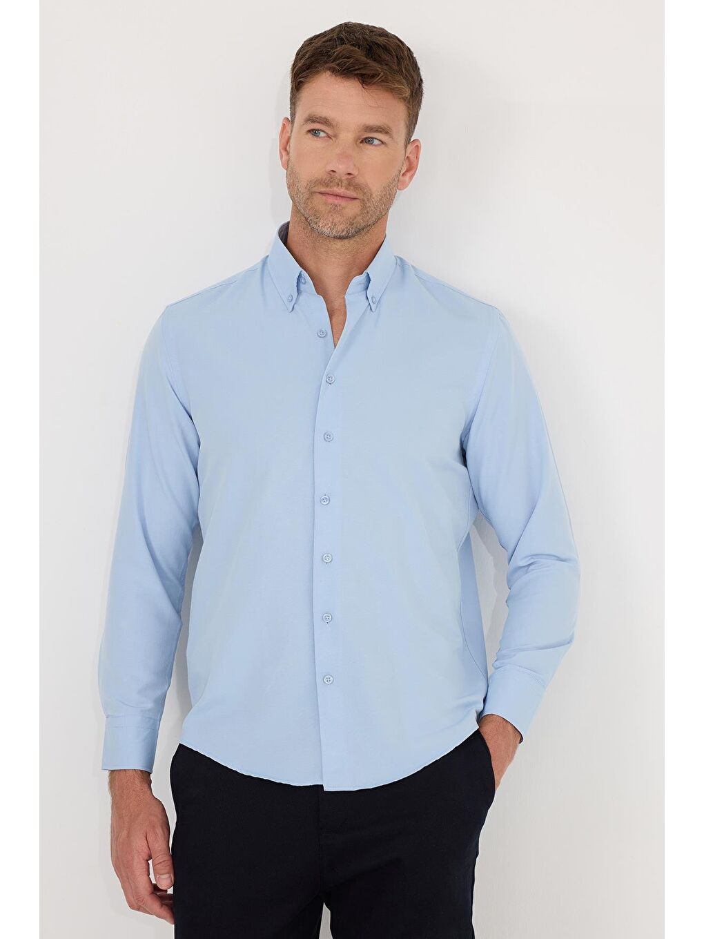 Regular Fit Düğmeli Yaka Pamuklu Kolay Ütü Oxford Düz Erkek Mavi Gömlek-3