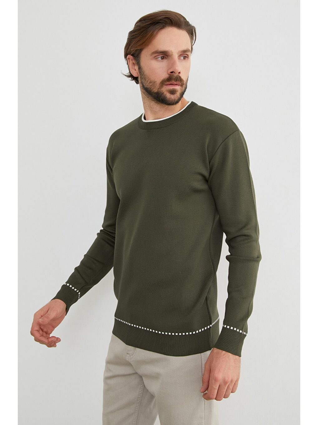 Haki Basic Çizgili Bisiklet Yaka Triko Kazak-4