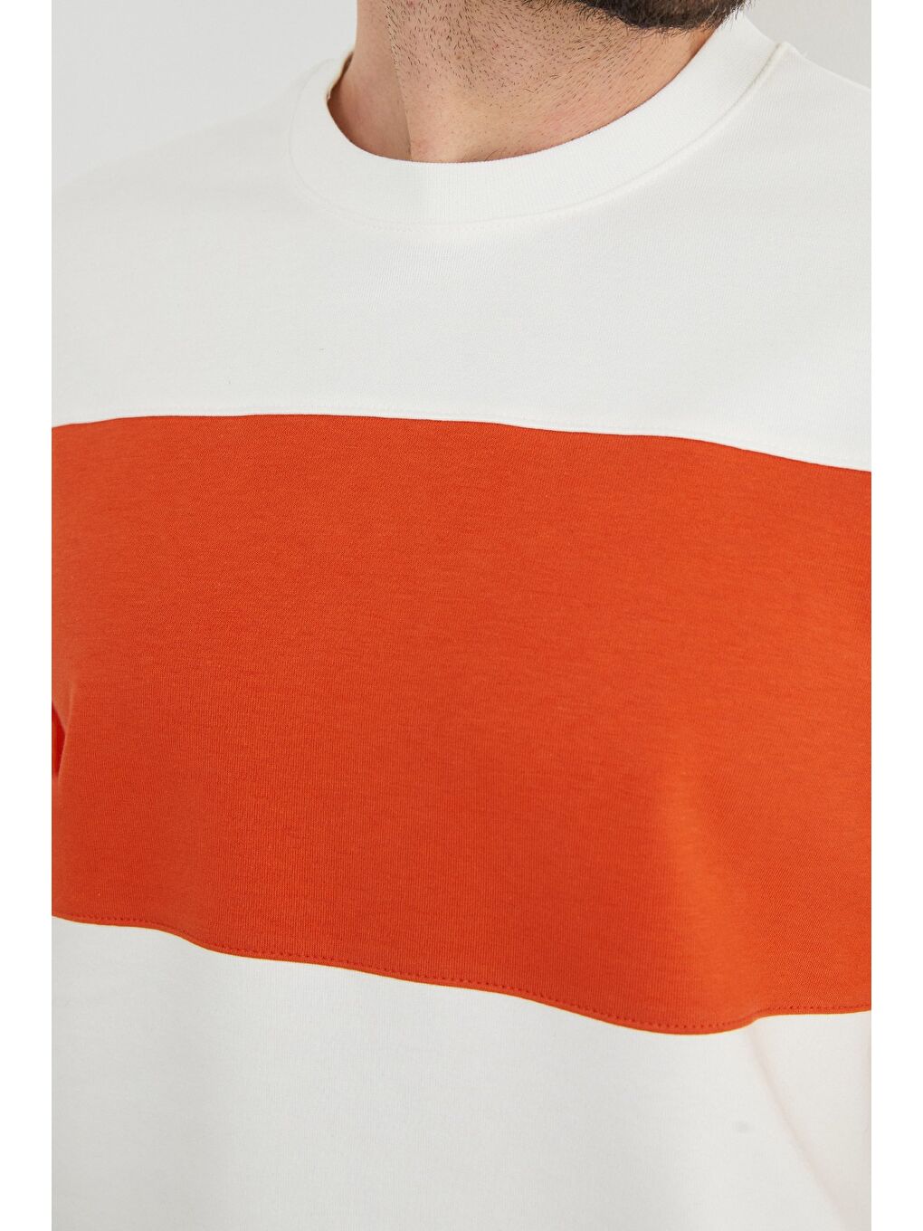 Turuncu Renk Bloklu Oversize Bisiklet Yaka Büyük Beden Sweatshirt-4