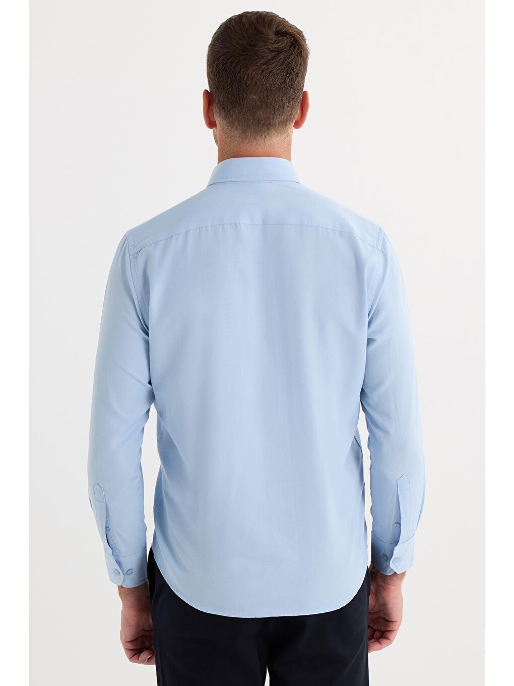 Regular Fit Düğmeli Yaka Pamuklu Kolay Ütü Oxford Düz Erkek Mavi Gömlek-6