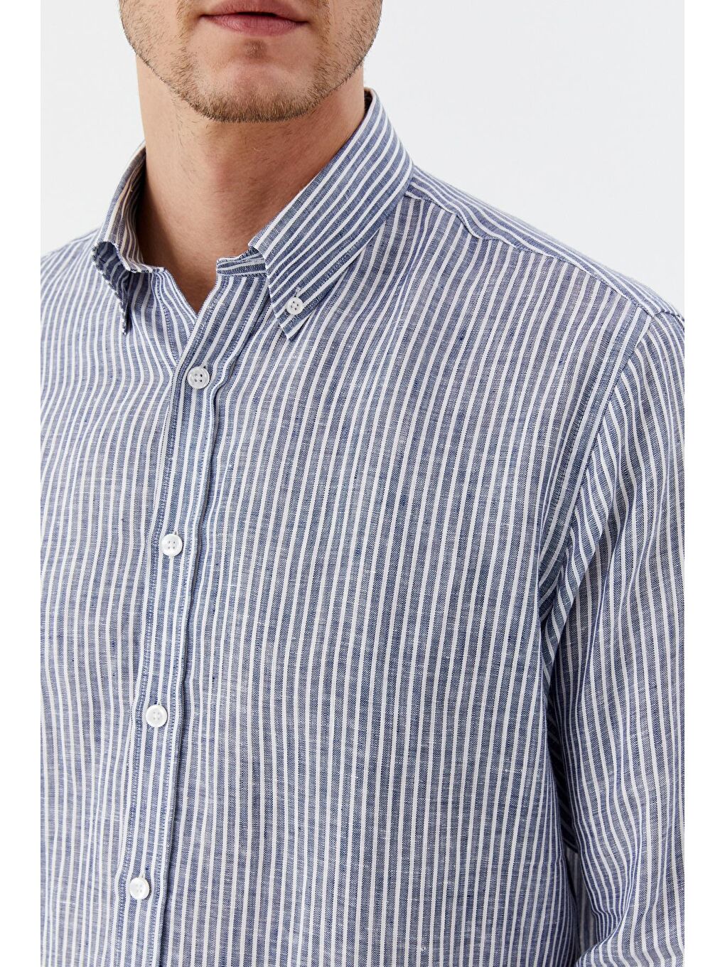 Mavi Erkek İndigo Çizgili Düğmeli Yaka %100 Keten Regular Fit Uzun Kollu Gömlek-2