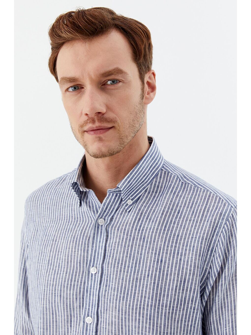 Mavi Erkek İndigo Çizgili Düğmeli Yaka %100 Keten Regular Fit Uzun Kollu Gömlek-3