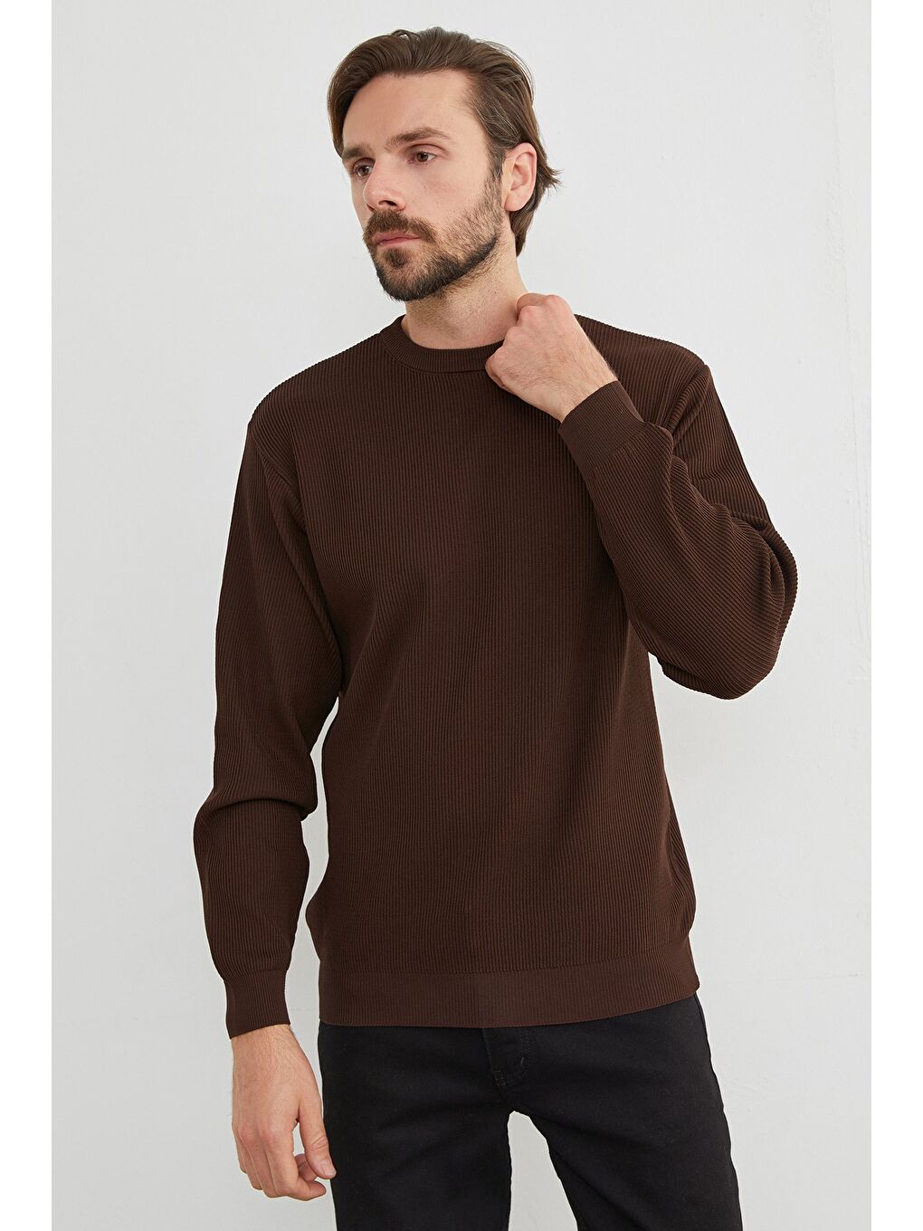 Kahverengi Basic Bisiklet Yaka Triko Kazak