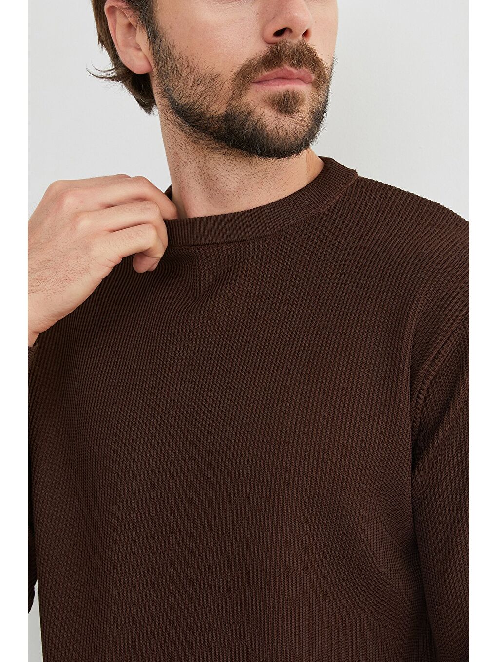 Kahverengi Basic Bisiklet Yaka Triko Kazak-1